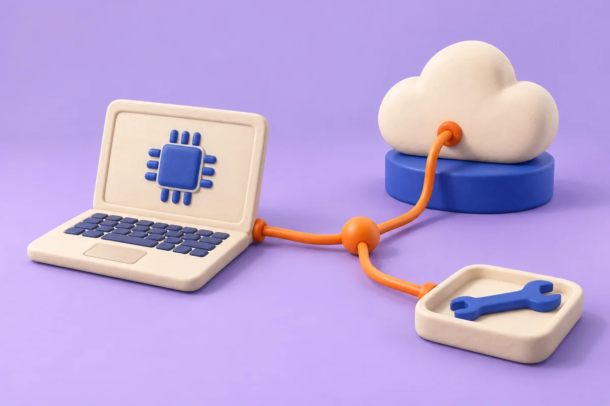 A cream laptop with a blue chip symbol connects by orange cables to a cloud and a tray holding a blue wrench, on a lavender background.