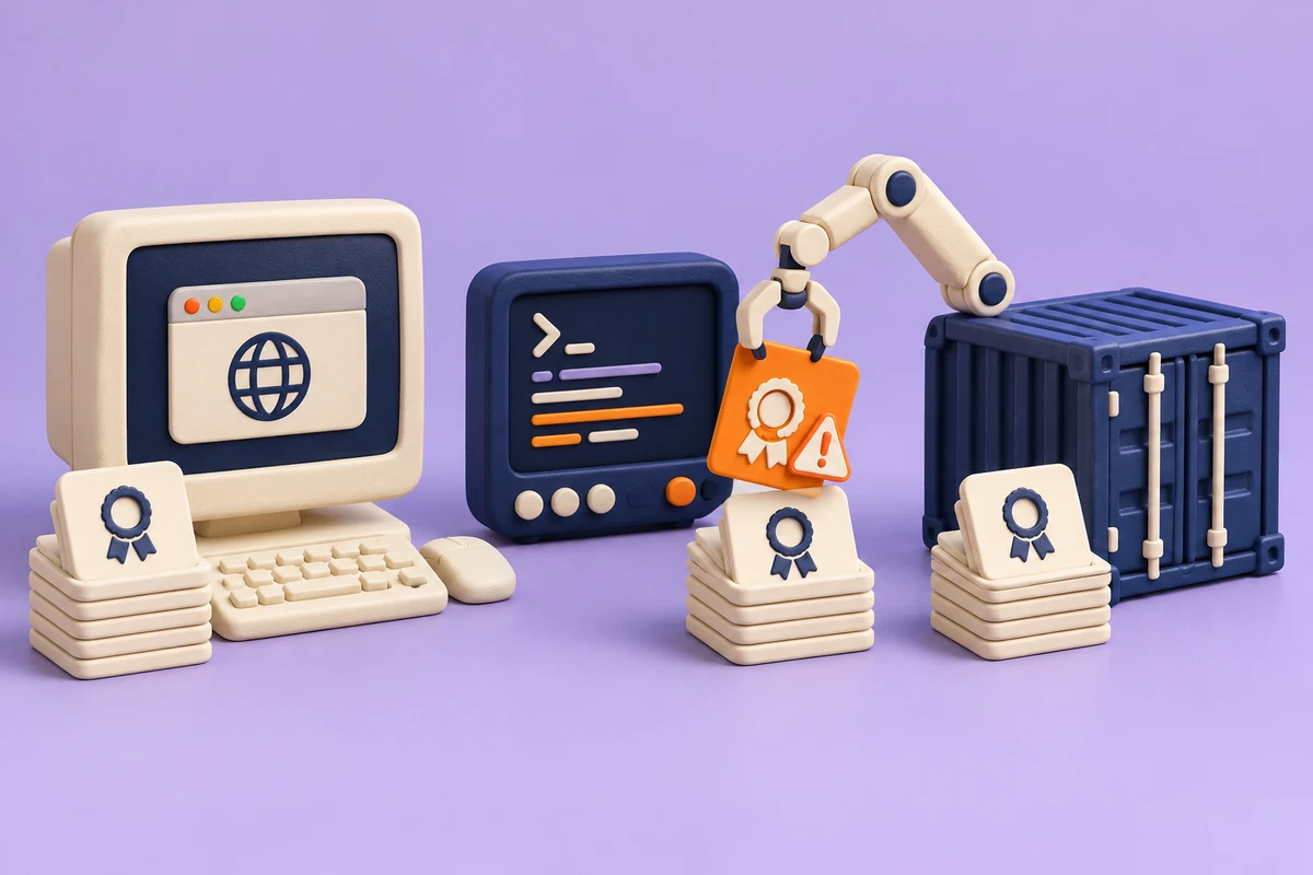 Clay-style browser, terminal and container with separate certificate stacks, as a robotic arm removes an orange warning card.